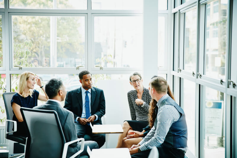 Mature businesswoman leading team meeting in conference room