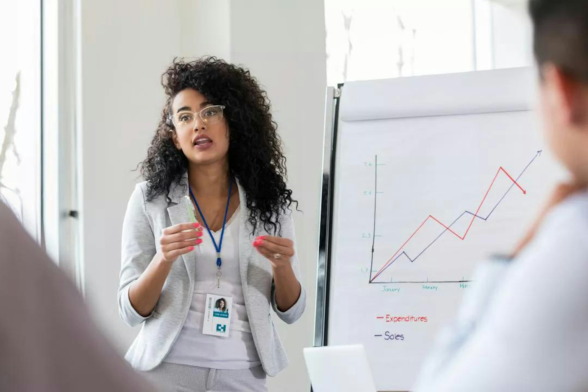 Woman communicates data-driven findings to the board