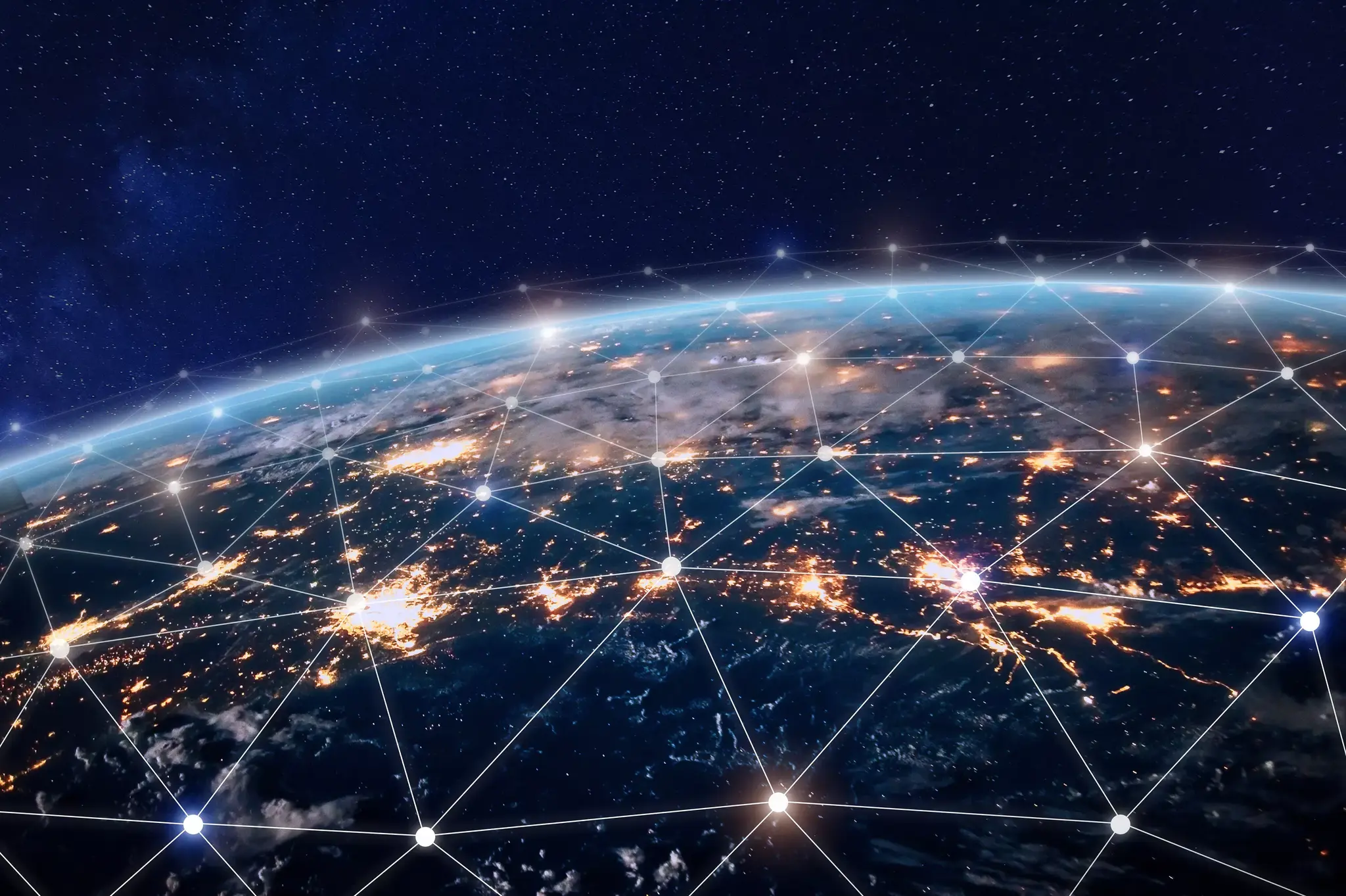 Points on a globe connected by centralized data.